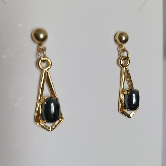 Vintage Gold Plated Ball Hematite Cabochon Drop Dangle Evening Boho Earrings - Picture 7 of 8